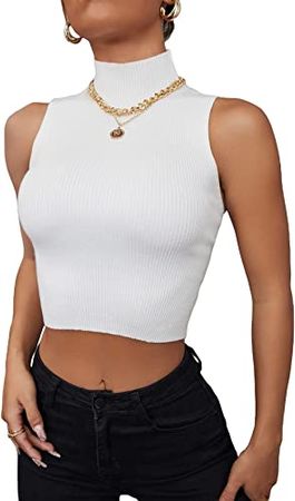 Verdusa Women's Sleeveless High Mock Neck Ribbed Fitted Solid Crop Tank Top at Amazon Women’s Clothing store