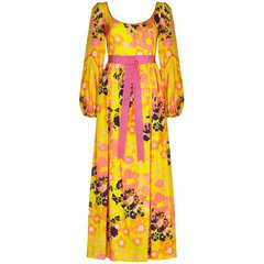 Frank Usher 1960S Psychedelic Yellow Silk Floral Printed Dress With Pink