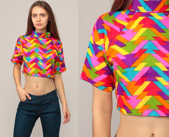 Rainbow Crop Top Hippie Shirt Geometric Blouse 70s Cropped | Etsy
