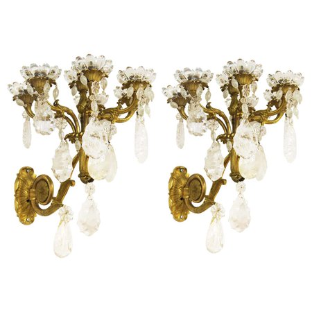 French Charles X Gilt Bronze & Rock Crystal Wall Sconces