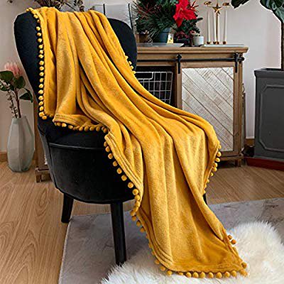 Amazon.com: LOMAO Flannel Blanket with Pompom Fringe Lightweight Cozy Bed Blanket Soft Throw Blanket fit Couch Sofa Suitable for All Season (51x63) (Mustard Yellow): Home & Kitchen