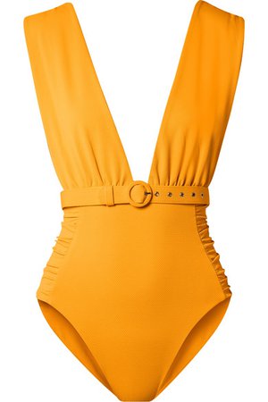 Nicholas | belted ruched stretch-piqué swimsuit