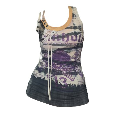 reworked layered lace and mesh tie up tank top