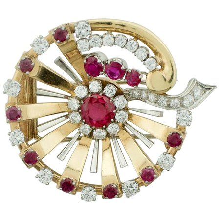 1950s Ruby and Diamond Substantial Brooch For Sale at 1stDibs