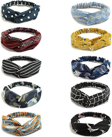 10 Pack Women's Headbands Boho Flower Printing Twisted Criss Cross Elastic Hair Band Accessories B at Amazon Women’s Clothing store