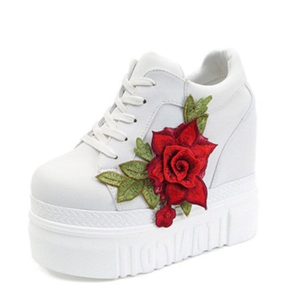 Red Rose Embroidered Flower Wedge Sneakers Harajuku | Kawaii Babe