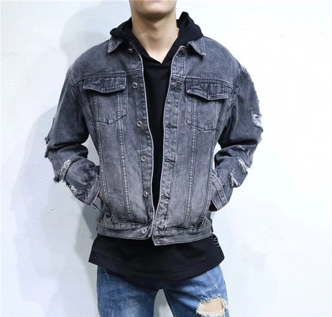 Men's Blue Grey Distressed Denim Jacket Male Japanese Style Men Ripped Jean Hip Hop Jackets and Coats|hip hop jacket|bomber jacketbomber style jacket - AliExpress