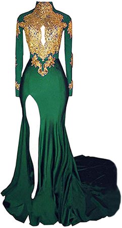 BridalAffair Women's Mermaid High Neck Prom Dress 2019 New Gold Appliques Long Sleeves Split Evening Gowns at Amazon Women’s Clothing store: