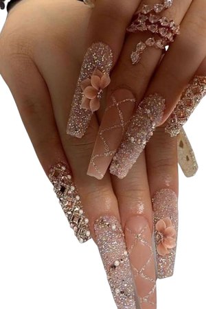 nude blush peach glitter floral coffin nails