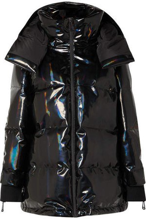 Hooded Appliquéd Quilted Holographic Down Ski Jacket - Black