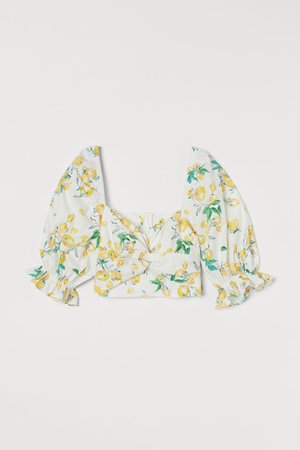 Cropped balloon-sleeved blouse - Natural white/Lemons - Ladies | H&M GB