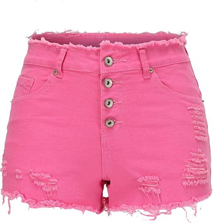 THUNDER STAR Ripped Jean Shorts for Women Mid Rise Frayed Raw Hem Stretchy Denim Shorts Pink M at Amazon Women’s Clothing store