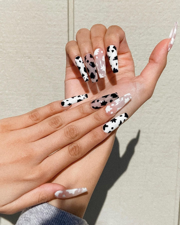 cowprint cowgirl long nails black and white
