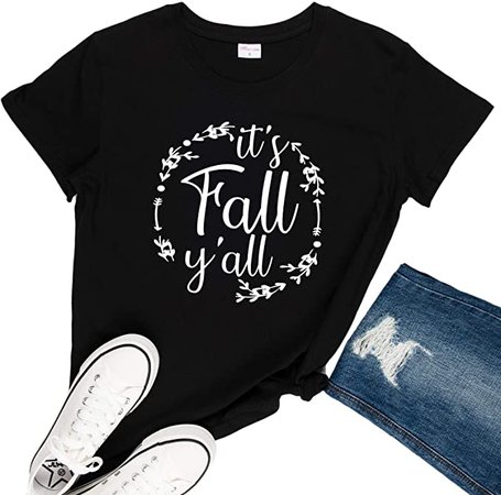 Happy Fall Y'all Thanksgiving Day T Shirts Womens Funny Letter Printed Cute Leaves Fall Shirt Tee Tops at Amazon Women’s Clothing store
