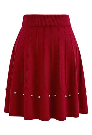 Silver Bead Embellished Seam Knit Skirt in Red - Retro, Indie and Unique Fashion