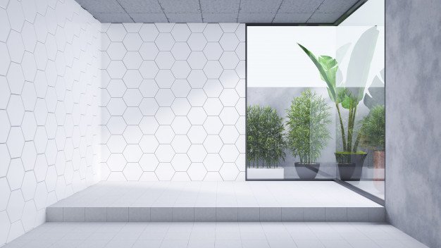 Premium Photo | Modern bathroom interior design,empty room, white tile wall and concrete floor tile ,3d render