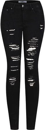 2LUV Women's Stretchy 5 Pocket Destroyed Dark Denim Skinny JeansÂ, Black9, 7 at Amazon Women's Jeans store