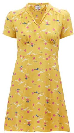 Morgan Seagull Print Silk Mini Dress - Womens - Yellow