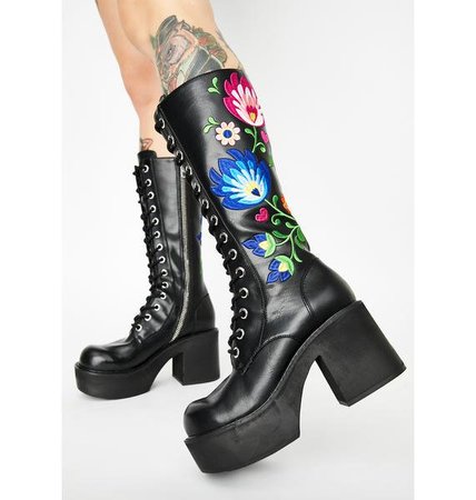 Current Mood Floral Embroidered Platform Boots - Black Rainbow | Dolls Kill
