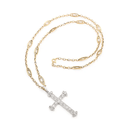 Edwardian Old Cut Diamond Cross Pendant & Antique 18k Gold Chain Necklace