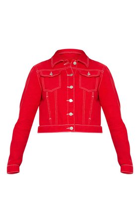 Deep Red Cropped Denim Jacket | PrettyLittleThing USA