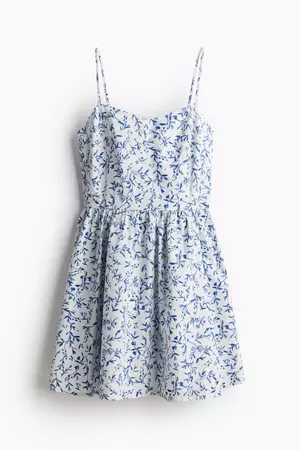 Cotton Dress with Flared Skirt - Sweetheart Neckline - Sleeveless -White/blue floral -Ladies | H&M US