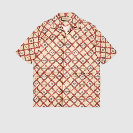 checkerboard belts print Oversize paper effect bowling shirt | GUCCI® CA