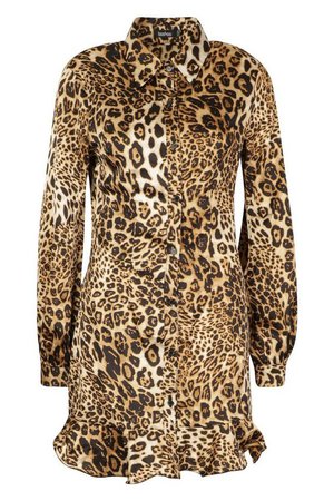 Leopard Print Ruffle Hem Mini Dress | Boohoo