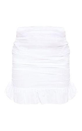 White Woven Ruched Frill Hem Mini Skirt | PrettyLittleThing