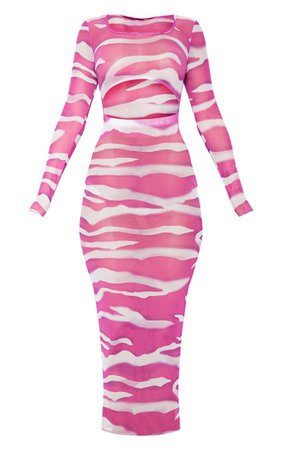 Pink Zebra Print Mesh Cut Out Midi Dress | PrettyLittleThing USA