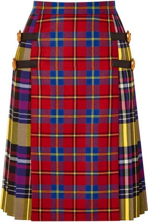 Leather-trimmed Tartan Wool Skirt - Red