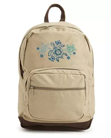 Sea Turtle Bookbag, Surfer Bag, Tropical Travel Bag, Turtle Trio With Flower Shells Embroidered Canvas Backpack With Leather Accents - Etsy