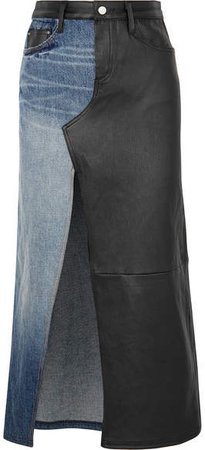 Asymmetric Denim And Leather Midi Skirt - Black