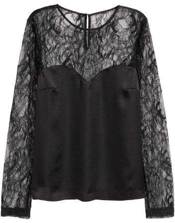 Satin Blouse with Lace Sleeves - Black