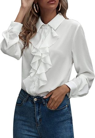 SheIn Women's Long Sleeve Button Down Lotus Ruffled Work Shirt Chiffon Blouse Tops White Large at Amazon Women’s Clothing store