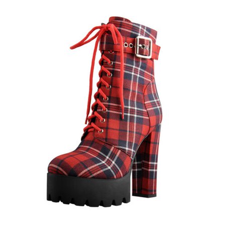 Women's Platform Ankle Boots Buckle Strap Chunky Heel Plaid Lace Up Boots Zipper | eBay