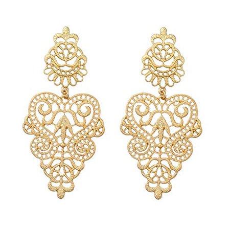 AmazonSmile: Peony.T Women's Bohemian Filigree Chandelier Hollow Lace Pattern Statement Dangle Earrings in Gold Color (Round): Jewelry