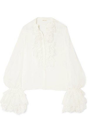 SAINT LAURENT | Ruffle and lace-trimmed silk-chiffon blouse | NET-A-PORTER.COM