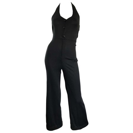 1970s Sexy Black Jersey Flare Leg Bell Bottom 70s Vintage Disco Halter Jumpsuit For Sale at 1stDibs