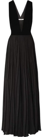 Velvet And Pleated Silk-georgette Gown - Black