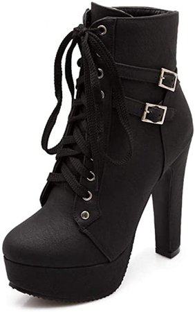 Amazon.com | Susanny Women Autumn Round Toe Lace Up Ankle Buckle Chunky High Heel Platform Knight Black Martin Boots 10 B (M) US (CN Size_42) … | Ankle & Bootie