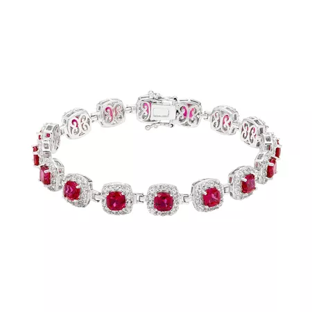 Sterling Silver Lab-Created Ruby & White Sapphire Halo Bracelet