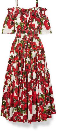 Cold-shoulder Floral-print Cotton-poplin Midi Dress - Red
