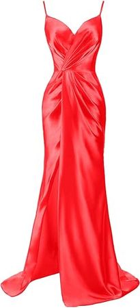 Monalia Women Spaghetti Satin Long Dresses High Slit Evening Cocktail Prom Gowns at Amazon Women’s Clothing store
