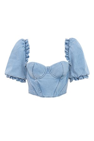 Clothing : Tops : 'Lulette' Denim Puff Sleeve Cropped Top