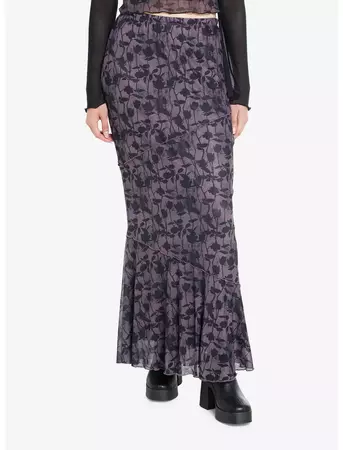 Cosmic Aura Purple & Black Roses Mesh Maxi Skirt | Hot Topic