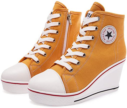 Amazon.com | Hurriman Women's Wedge Sneakers High Heel Canvas Shoes Lace up High Top Side Zipper Fashion Sneakers (6-6.5 B(M) US/Label 37, Orange) | Fashion Sneakers