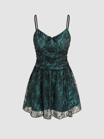 green and black floral lace dress