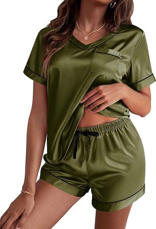Ekouaer Pj Sets for Women Cute Satin Pajamas Casual Loose Pajamas Sleepwear 2 Pieces Breathable Silk Pjs Set Army Green Large at Amazon Women’s Clothing store