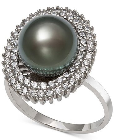 Macy's Black Cultured Tahitian Pearl & Cubic Zirconia Sterling Silver Ring